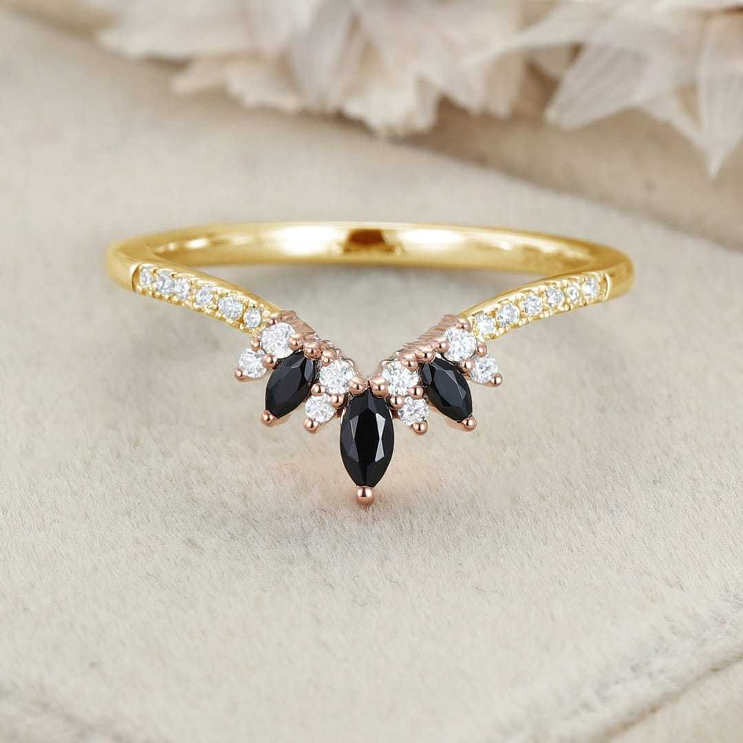 Marquise black onyx wedding band Vintage white gold Curved moissanite wedding ring Unique stacking Bridal promise Anniversary gift for her