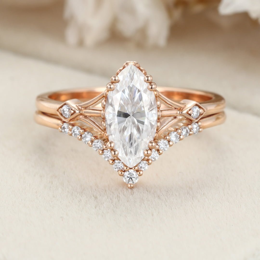 Marquise cut Moissanite engagement ring set Vintage Rose gold engagement ring Bridal Art deco Matching Stacking Unique Promise Anniversary