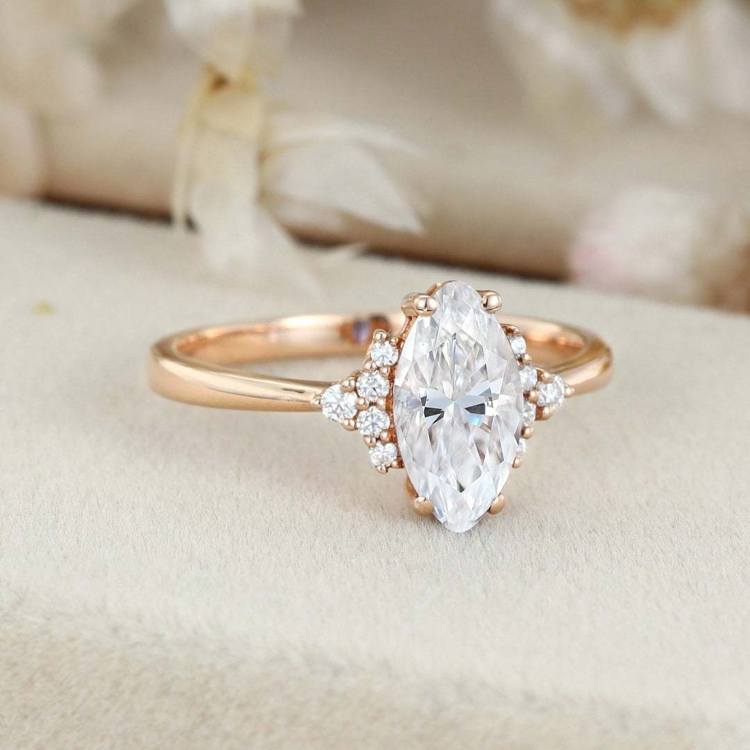 Marquise moissanite engagement ring Rose gold Vintage Unique Cluster engagement ring Art Deco ring Bridal Promise Anniversary gift for her