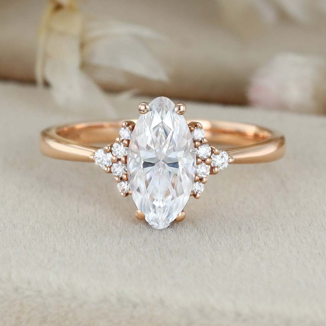 Marquise moissanite engagement ring Rose gold Vintage Unique Cluster engagement ring Art Deco ring Bridal Promise Anniversary gift for her