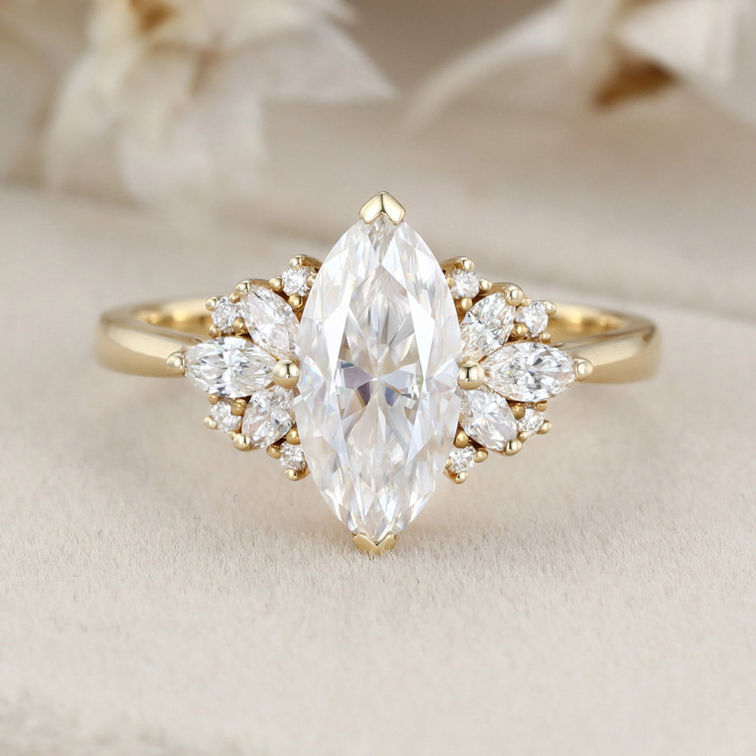 1 Carat Marquise Cut Moissanite Vintage Cluster Engagement Ring – 14K Yellow Gold Bridal Promise Ring