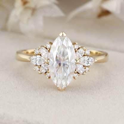 1 Carat Marquise Cut Moissanite Vintage Cluster Engagement Ring – 14K Yellow Gold Bridal Promise Ring