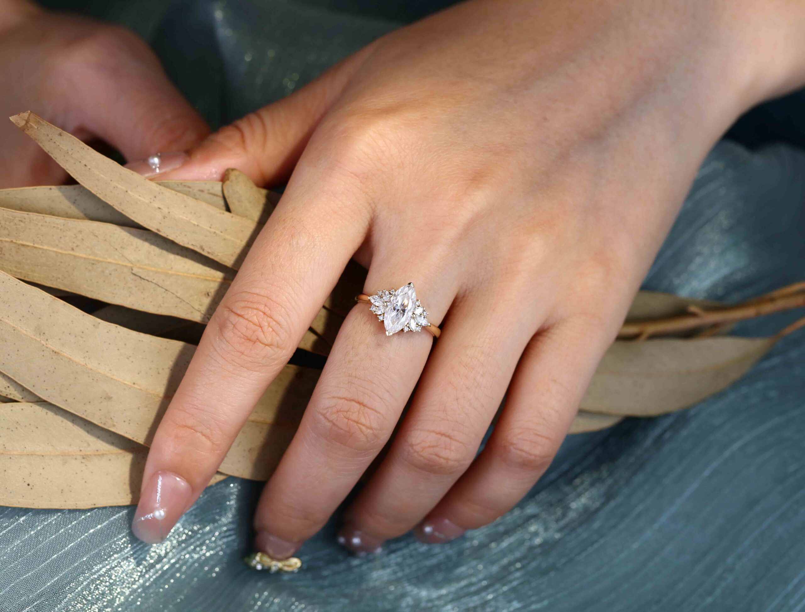 1 Carat Marquise Cut Moissanite Vintage Cluster Engagement Ring – 14K Yellow Gold Bridal Promise Ring