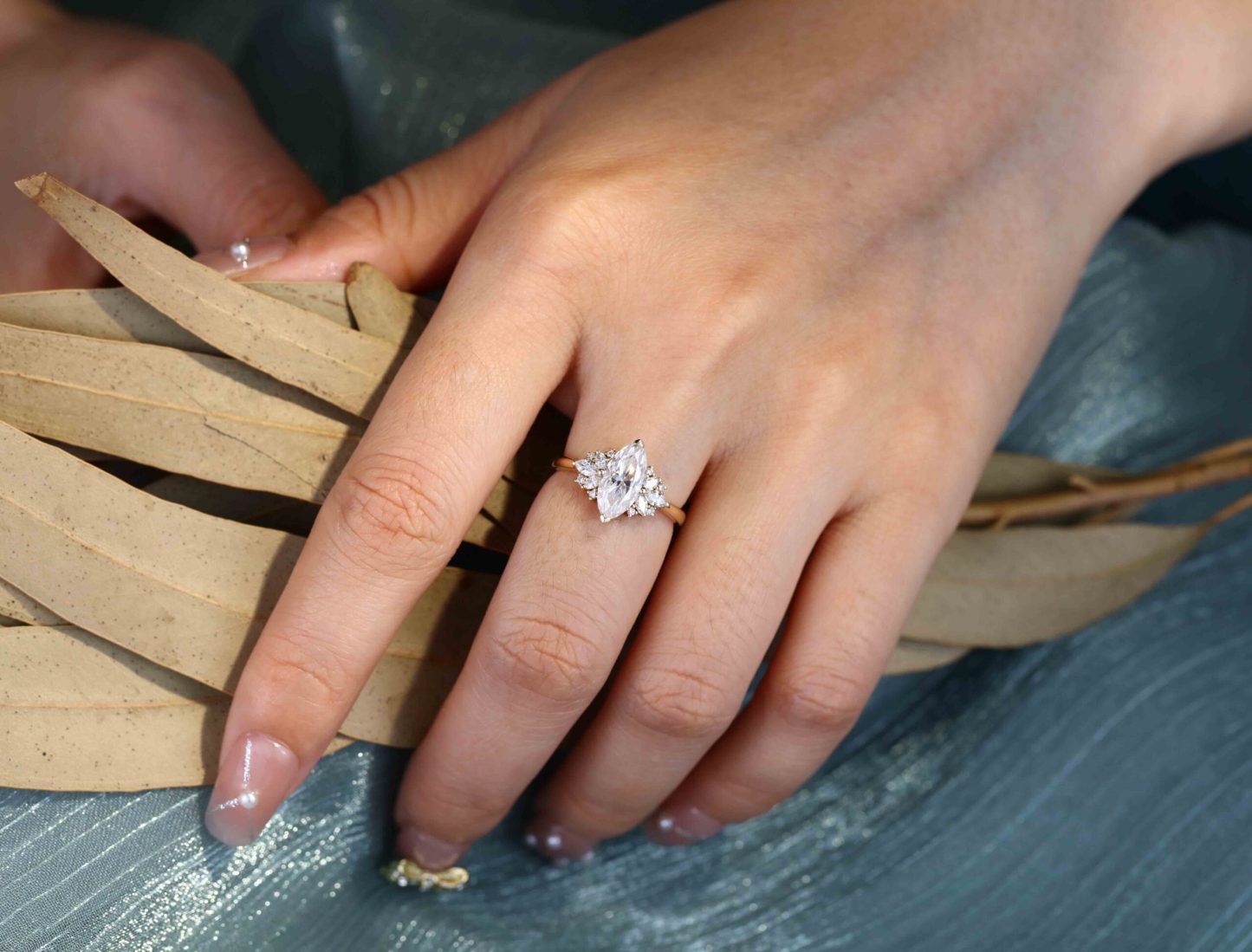 1 Carat Marquise Cut Moissanite Vintage Cluster Engagement Ring – 14K Yellow Gold Bridal Promise Ring