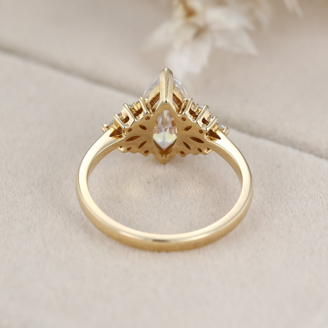 1 Carat Marquise Cut Moissanite Vintage Cluster Engagement Ring – 14K Yellow Gold Bridal Promise Ring