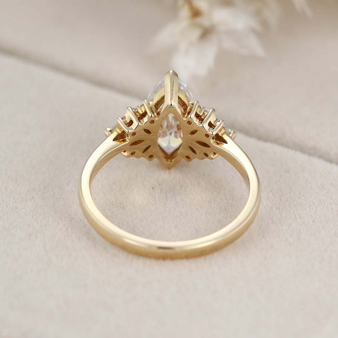 1 Carat Marquise Cut Moissanite Vintage Cluster Engagement Ring – 14K Yellow Gold Bridal Promise Ring
