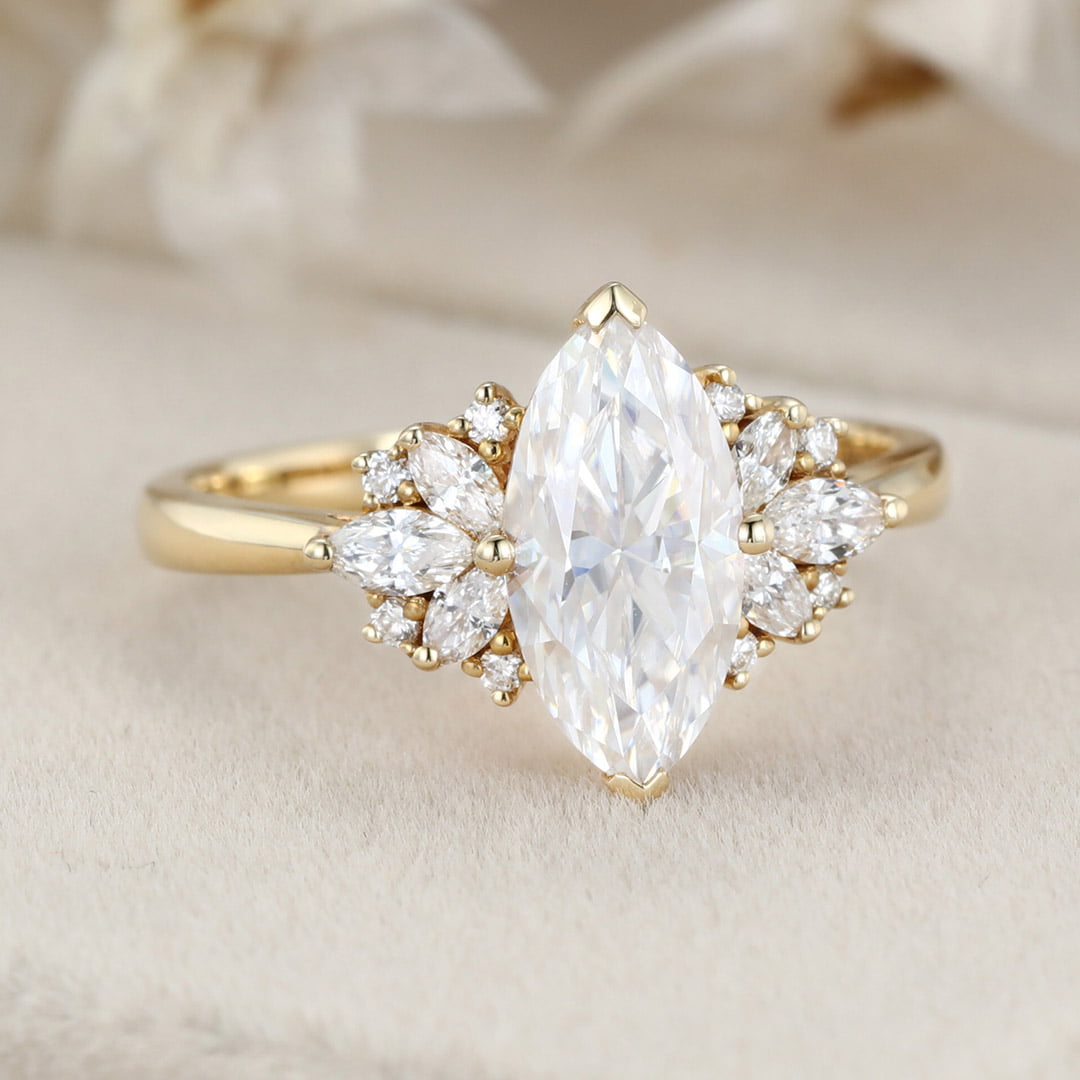 1 Carat Marquise Cut Moissanite Vintage Cluster Engagement Ring – 14K Yellow Gold Bridal Promise Ring