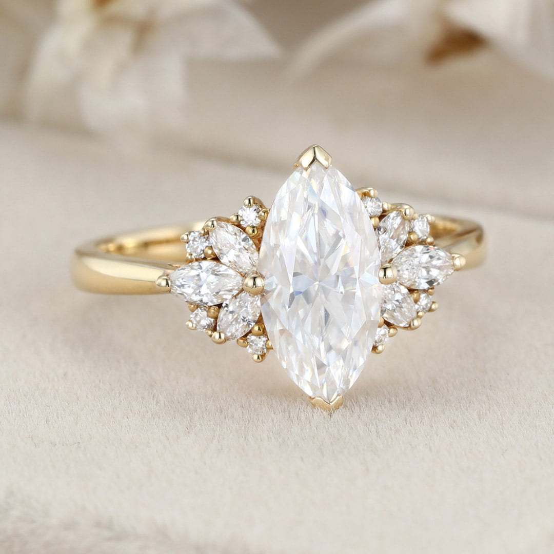 1 Carat Marquise Cut Moissanite Vintage Cluster Engagement Ring – 14K Yellow Gold Bridal Promise Ring
