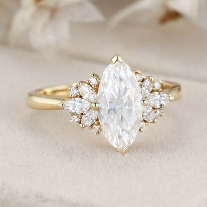 1 Carat Marquise Cut Moissanite Vintage Cluster Engagement Ring – 14K Yellow Gold Bridal Promise Ring