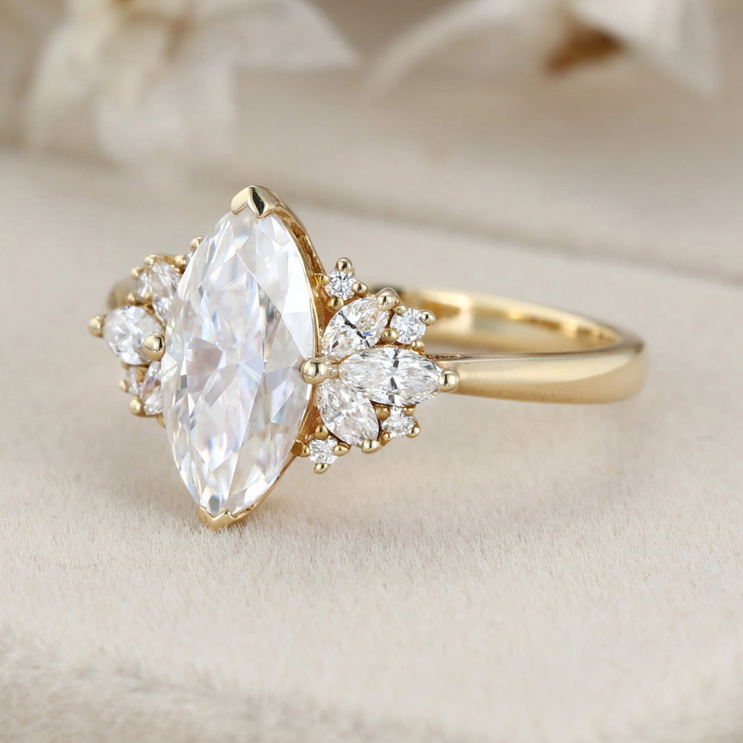 1 Carat Marquise Cut Moissanite Vintage Cluster Engagement Ring – 14K Yellow Gold Bridal Promise Ring
