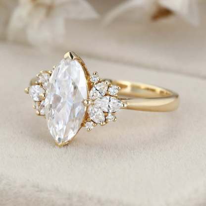 1 Carat Marquise Cut Moissanite Vintage Cluster Engagement Ring – 14K Yellow Gold Bridal Promise Ring
