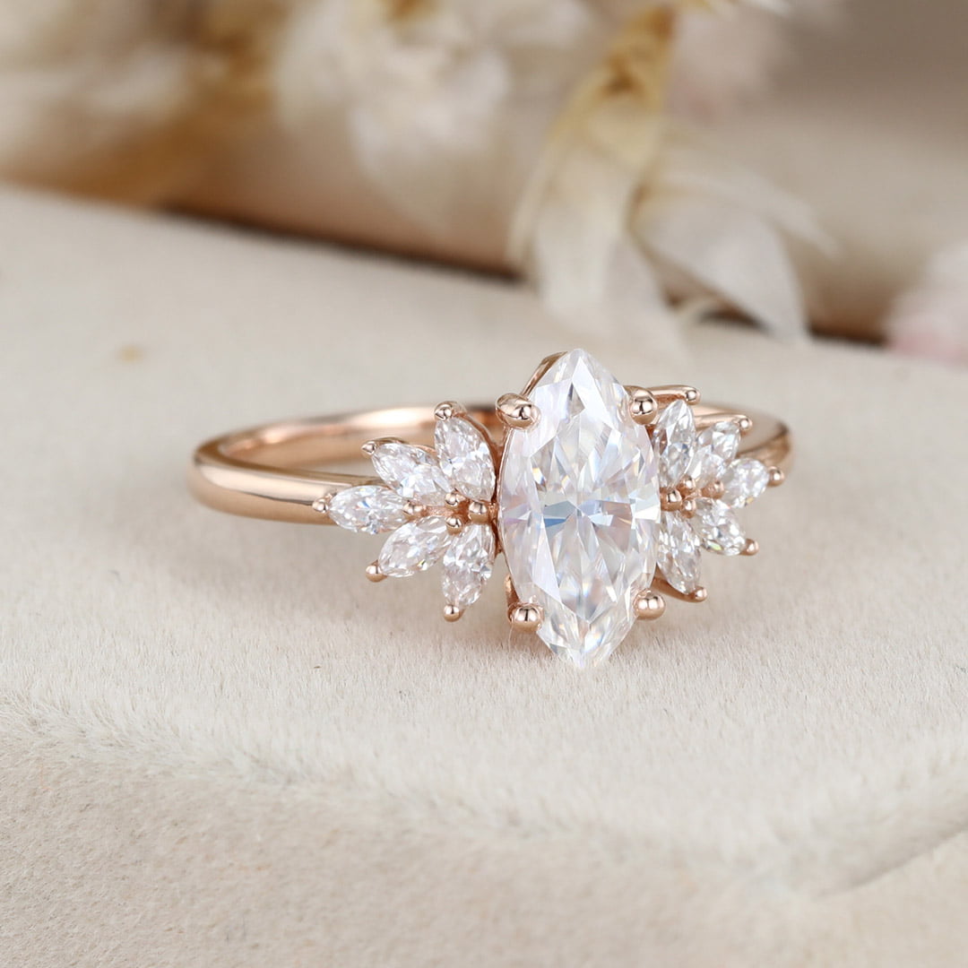 Art Deco 1 Carat Marquise Moissanite Engagement Ring In 14K Rose Gold