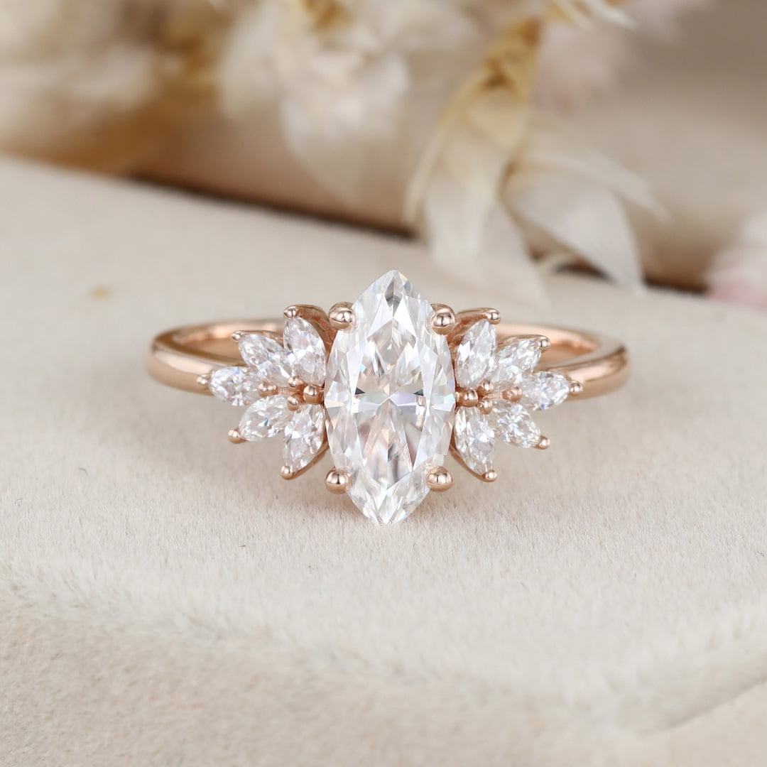 Art Deco 1 Carat Marquise Moissanite Engagement Ring In 14K Rose Gold