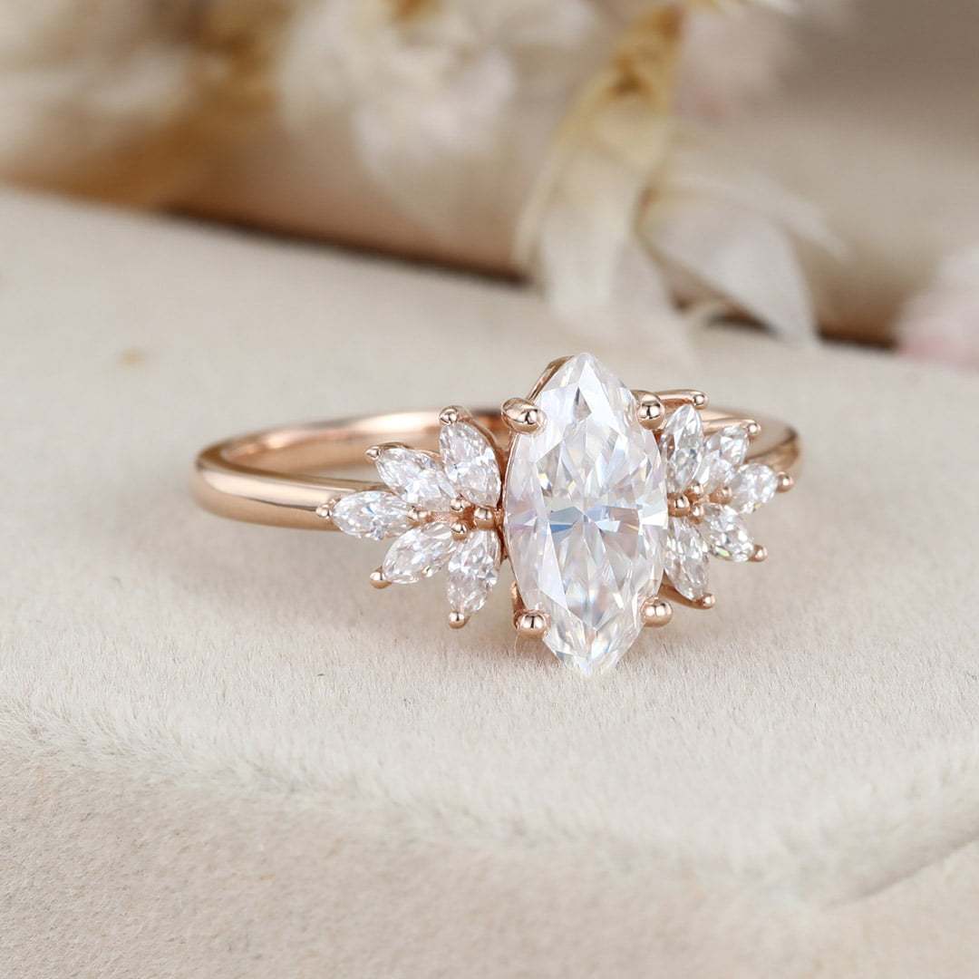 Art Deco 1 Carat Marquise Moissanite Engagement Ring In 14K Rose Gold