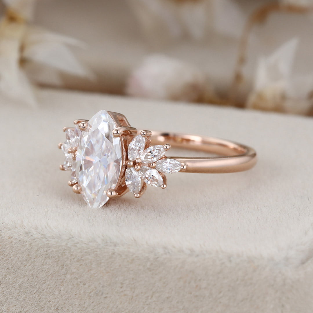 Art Deco 1 Carat Marquise Moissanite Engagement Ring In 14K Rose Gold