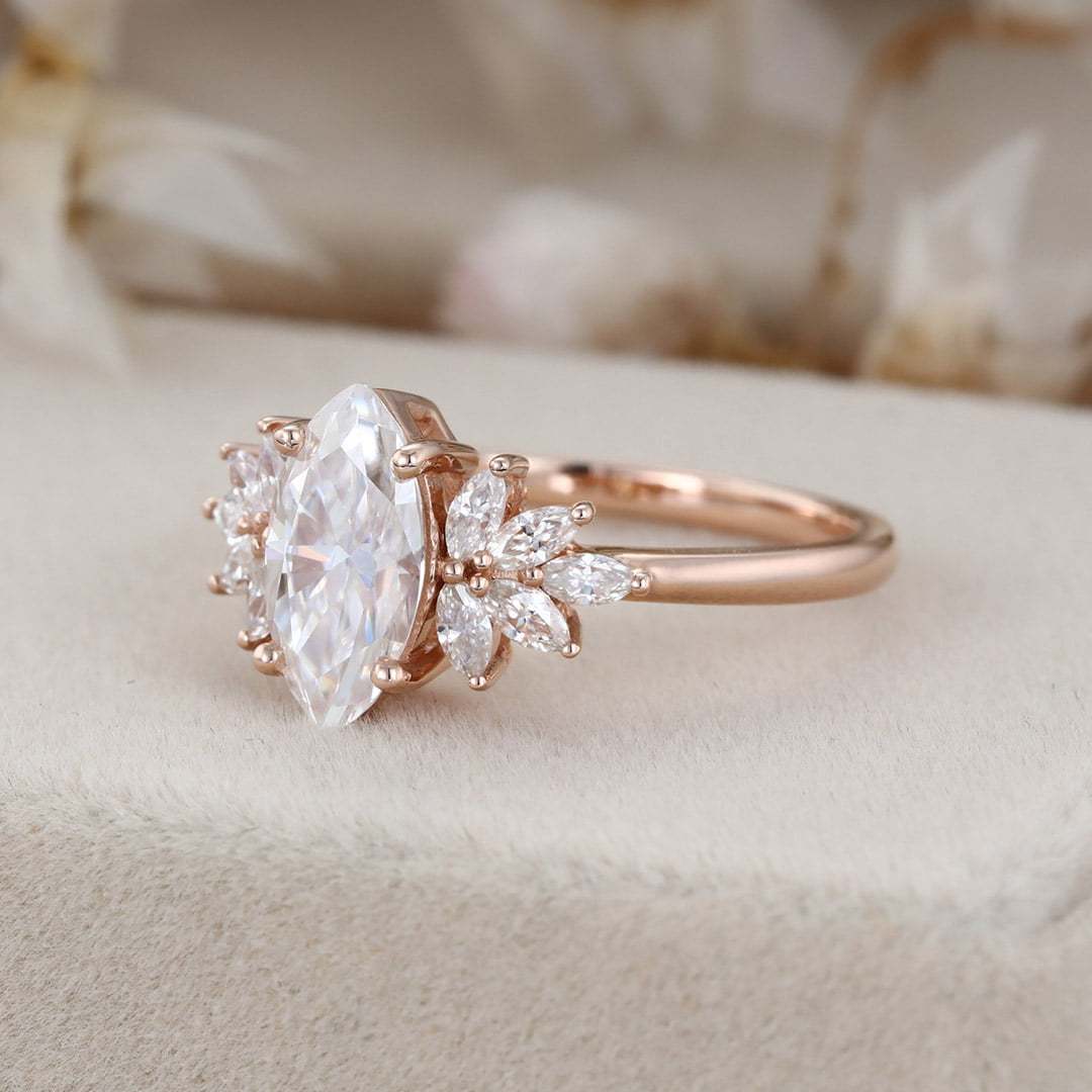 Art Deco 1 Carat Marquise Moissanite Engagement Ring In 14K Rose Gold