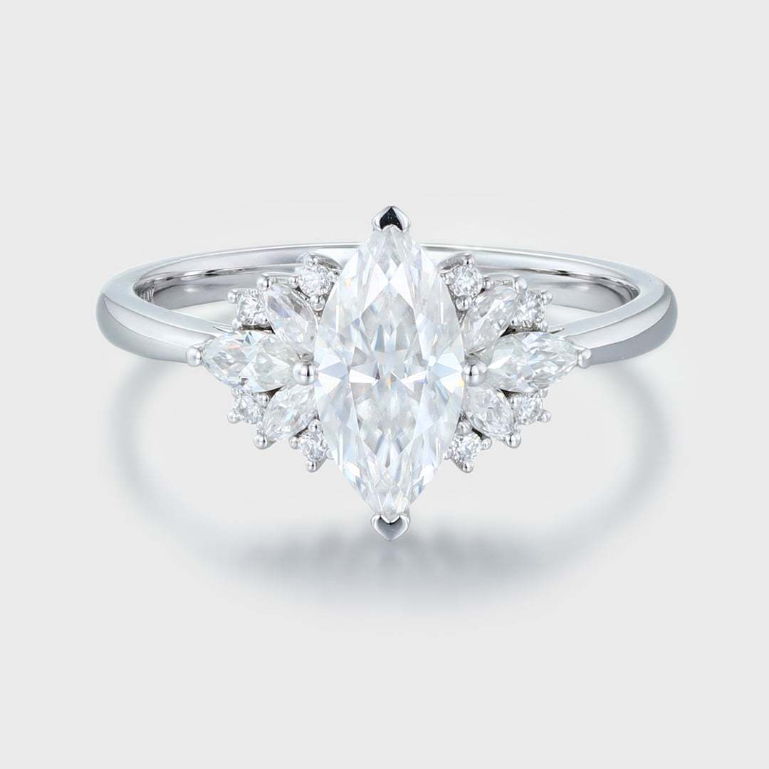 1 Carat Marquise Cut Moissanite Cluster Engagement Ring In 14K White Gold