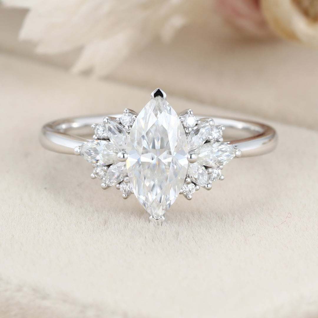 Marquise moissanite engagement ring White gold Cluster engagement ring Unique Art Deco ring Vintage Bridal Promise Anniversary gift for her