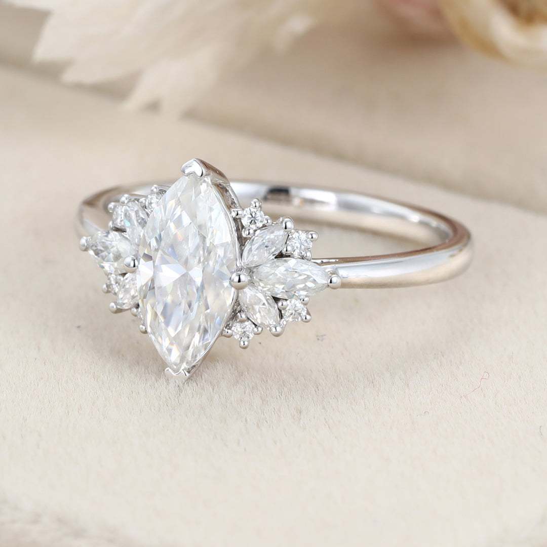 Marquise moissanite engagement ring White gold Cluster engagement ring Unique Art Deco ring Vintage Bridal Promise Anniversary gift for her