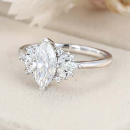 Marquise moissanite engagement ring White gold Cluster engagement ring Unique Art Deco ring Vintage Bridal Promise Anniversary gift for her