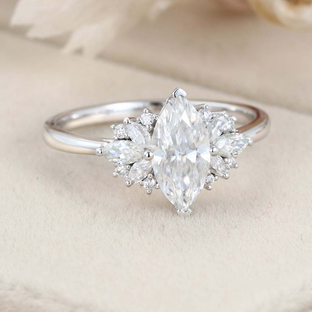 Marquise moissanite engagement ring White gold Cluster engagement ring Unique Art Deco ring Vintage Bridal Promise Anniversary gift for her