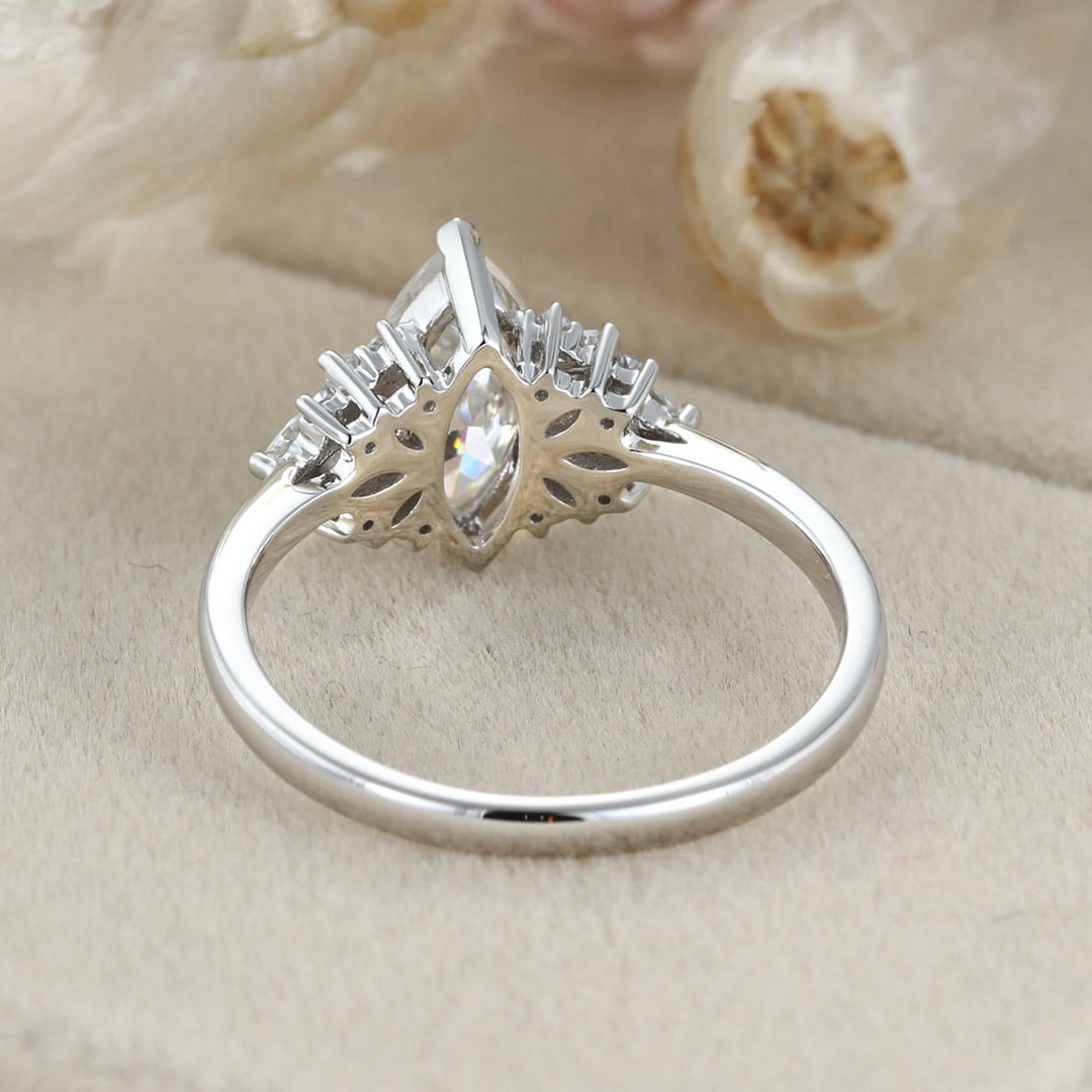 Marquise moissanite engagement ring White gold Cluster engagement ring Unique Art Deco ring Vintage Bridal Promise Anniversary gift for her