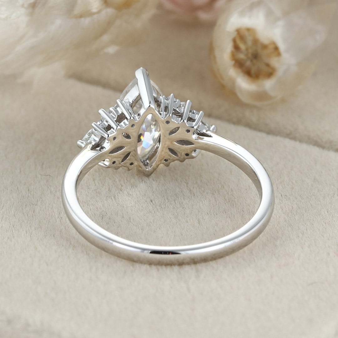 Marquise moissanite engagement ring White gold Cluster engagement ring Unique Art Deco ring Vintage Bridal Promise Anniversary gift for her