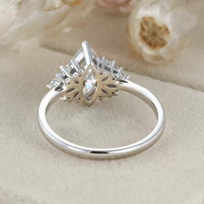 Marquise moissanite engagement ring White gold Cluster engagement ring Unique Art Deco ring Vintage Bridal Promise Anniversary gift for her
