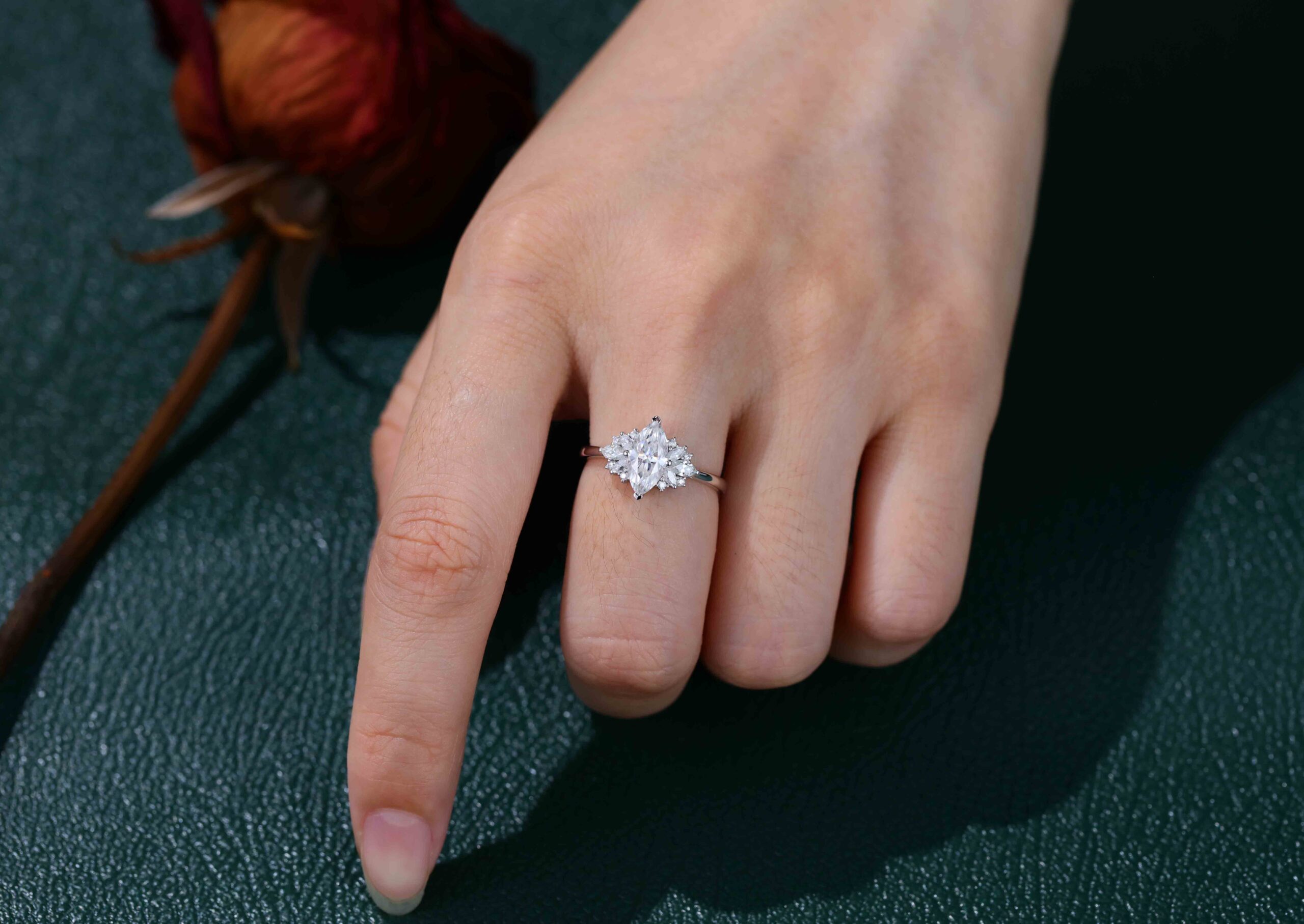 Marquise moissanite engagement ring White gold Cluster engagement ring Unique Art Deco ring Vintage Bridal Promise Anniversary gift for her