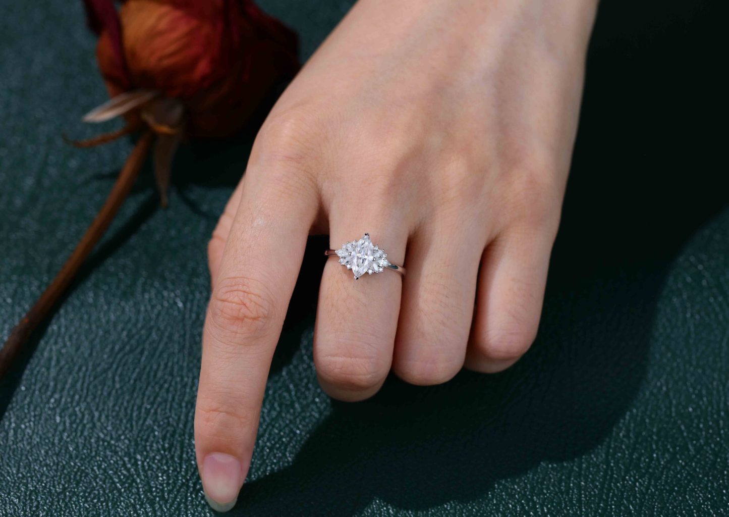 Marquise moissanite engagement ring White gold Cluster engagement ring Unique Art Deco ring Vintage Bridal Promise Anniversary gift for her