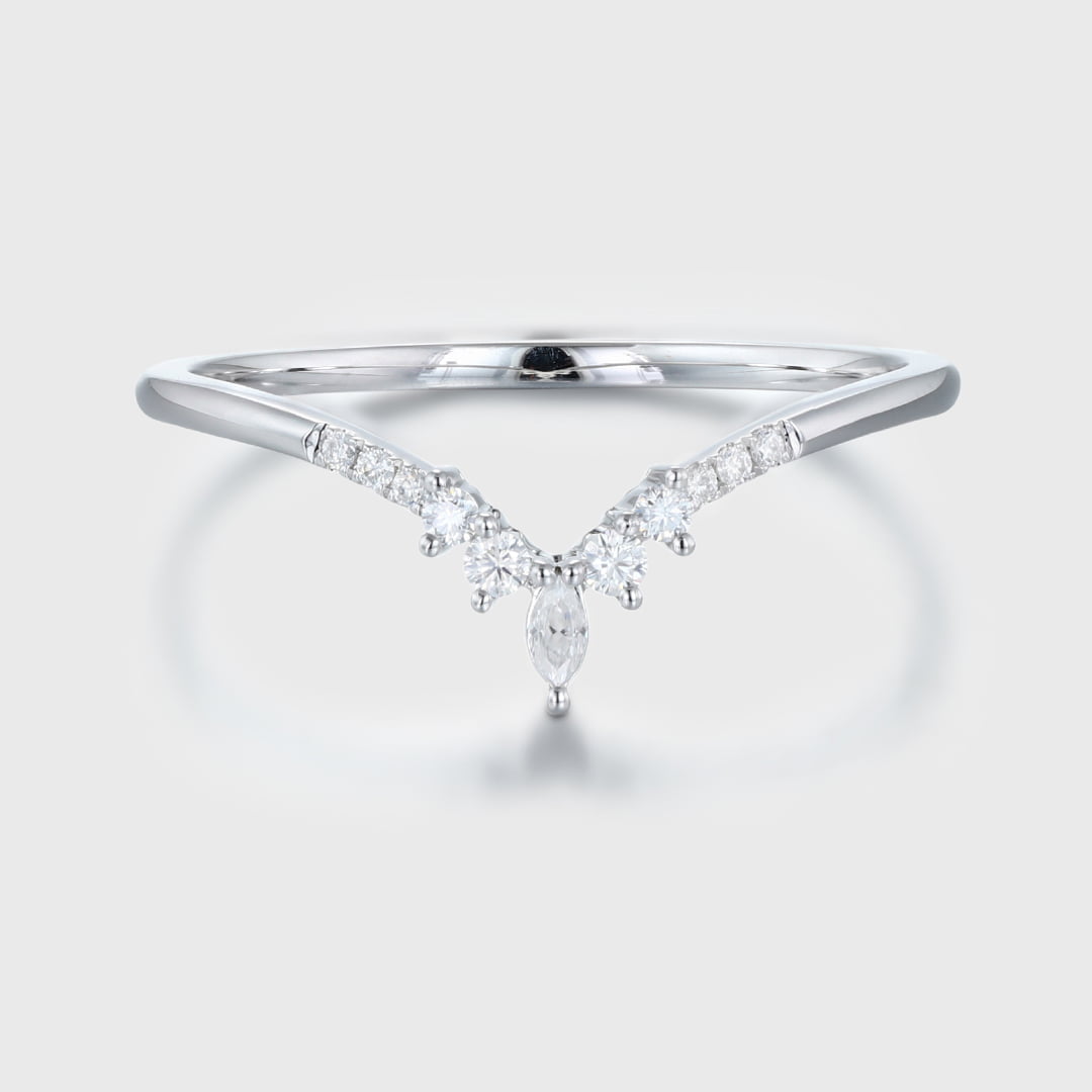 Marquise moissanite wedding band Curved Diamond wedding ring vintage White gold wedding band matching stacking Bridal promise Anniversary