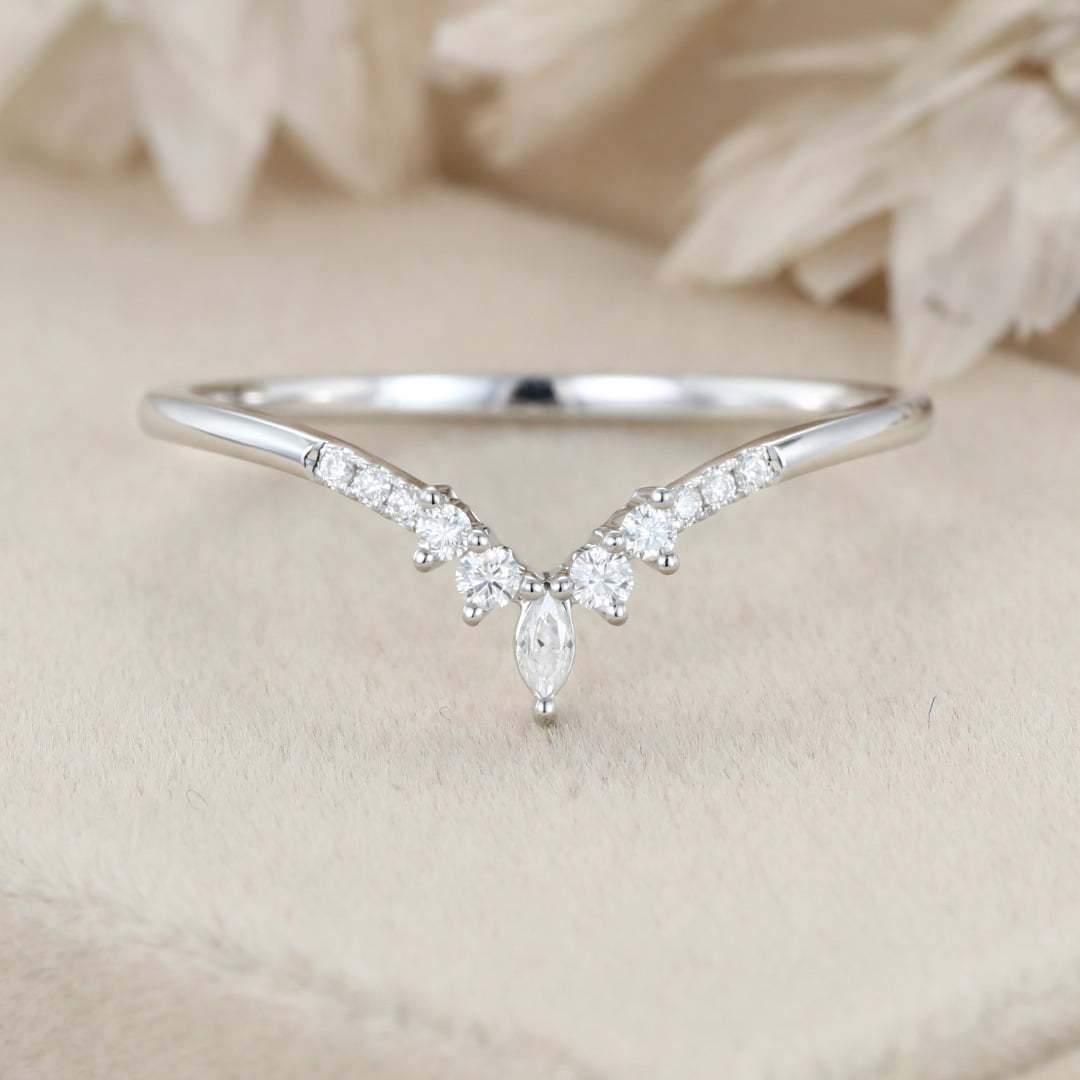 Marquise moissanite wedding band Curved Diamond wedding ring vintage White gold wedding band matching stacking Bridal promise Anniversary