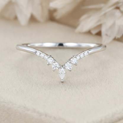 Marquise moissanite wedding band Curved Diamond wedding ring vintage White gold wedding band matching stacking Bridal promise Anniversary