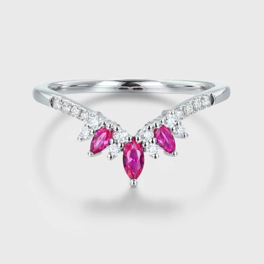 Marquise shape Lab Ruby wedding band White gold Curved wedding band Unique Vintage Diamond ring stacking promise ring Anniversary gift