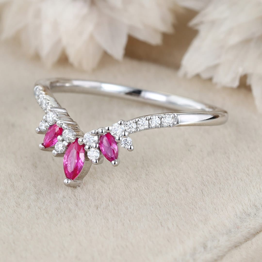 Marquise shape Lab Ruby wedding band White gold Curved wedding band Unique Vintage Diamond ring stacking promise ring Anniversary gift