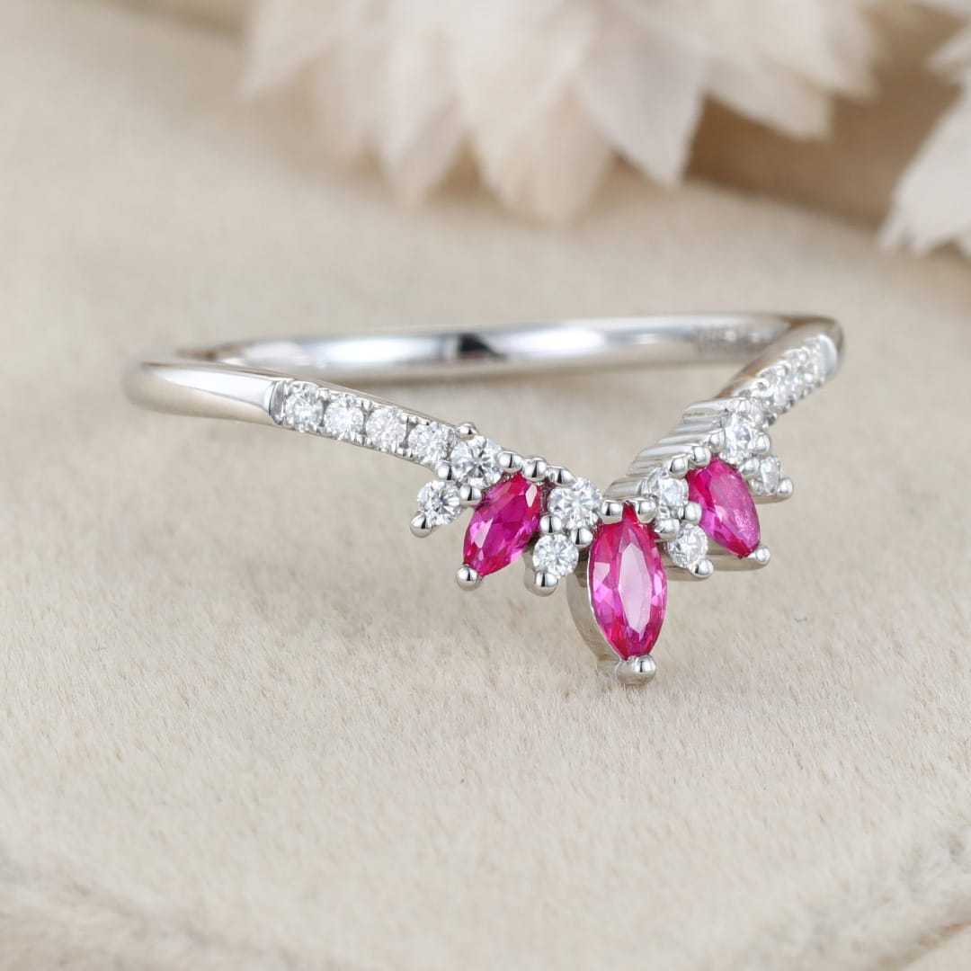 Marquise shape Lab Ruby wedding band White gold Curved wedding band Unique Vintage Diamond ring stacking promise ring Anniversary gift
