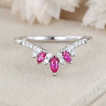 Marquise shape Lab Ruby wedding band White gold Curved wedding band Unique Vintage Diamond ring stacking promise ring Anniversary gift