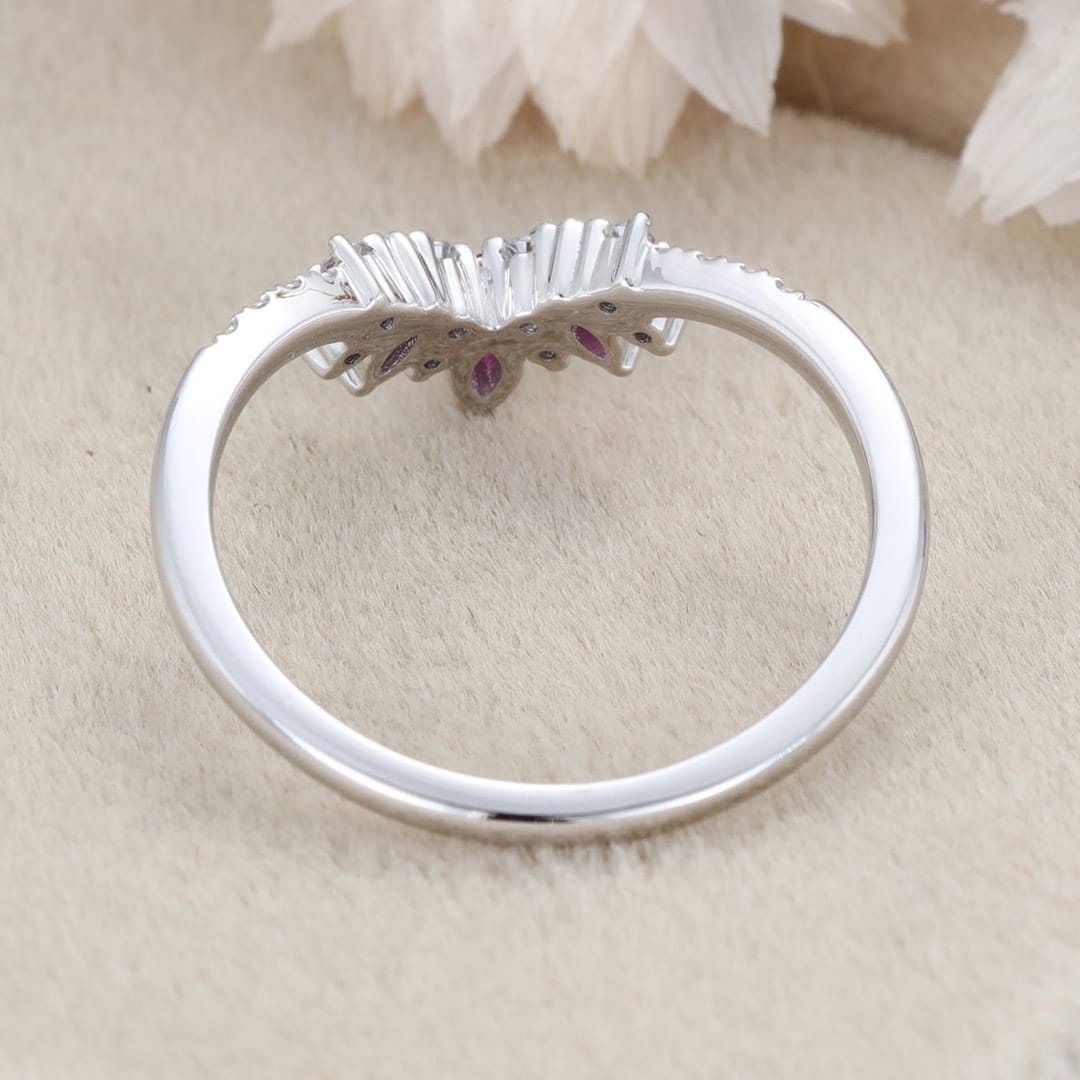 Marquise shape Lab Ruby wedding band White gold Curved wedding band Unique Vintage Diamond ring stacking promise ring Anniversary gift
