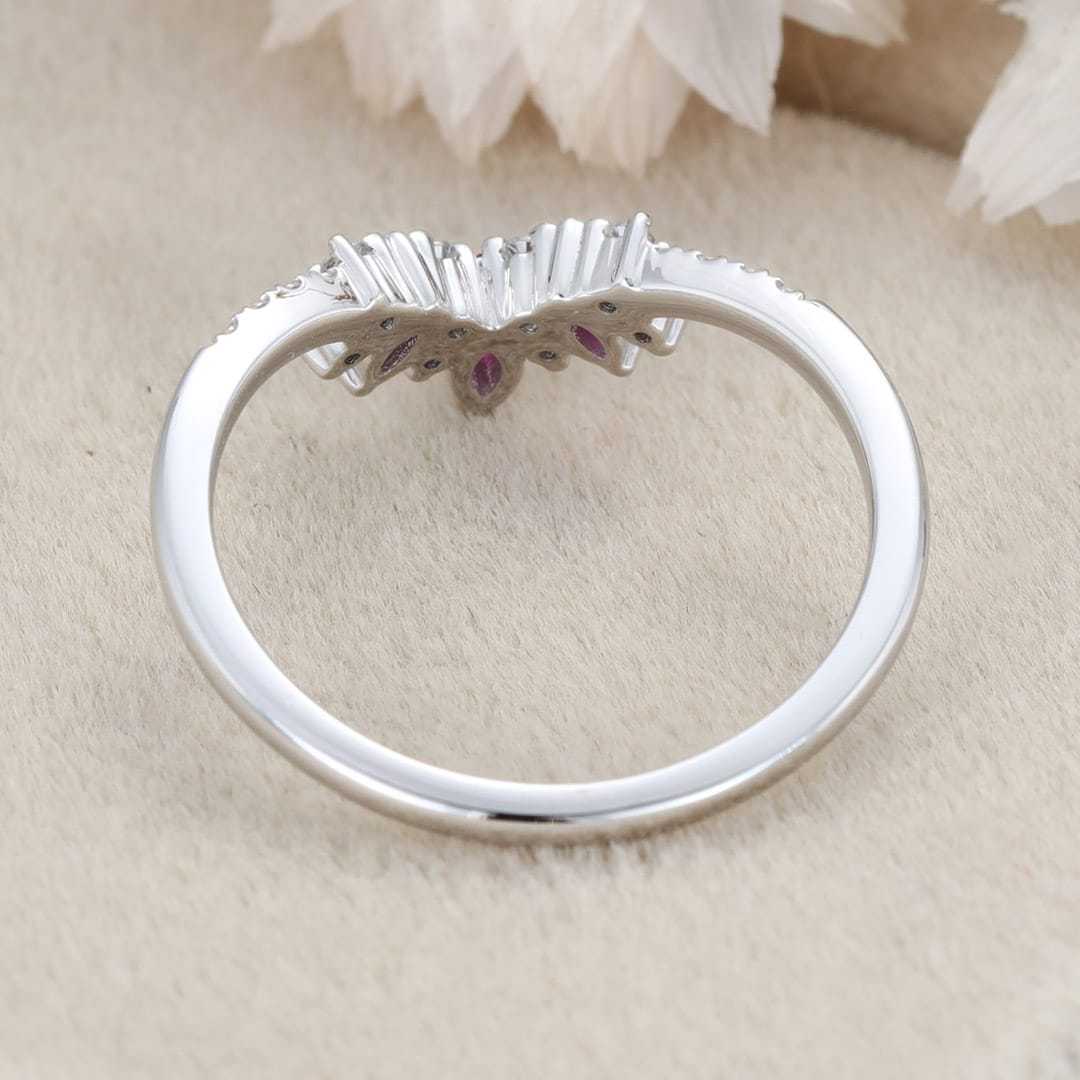 Marquise shape Lab Ruby wedding band White gold Curved wedding band Unique Vintage Diamond ring stacking promise ring Anniversary gift
