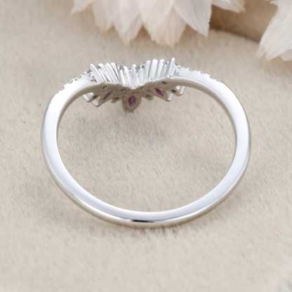 Marquise shape Lab Ruby wedding band White gold Curved wedding band Unique Vintage Diamond ring stacking promise ring Anniversary gift