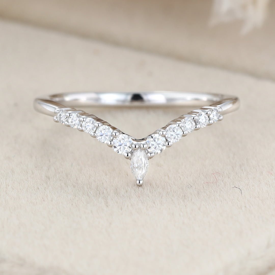 Marquise shaped Curved wedding ring Diamond wedding band Unique White gold Moissanite wedding band matching band Bridal promise Anniversary gift