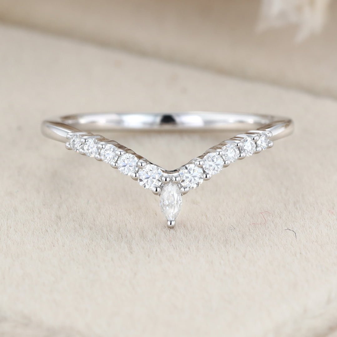 Marquise shaped Curved wedding ring Diamond wedding band Unique White gold Moissanite wedding band matching band Bridal promise Anniversary gift