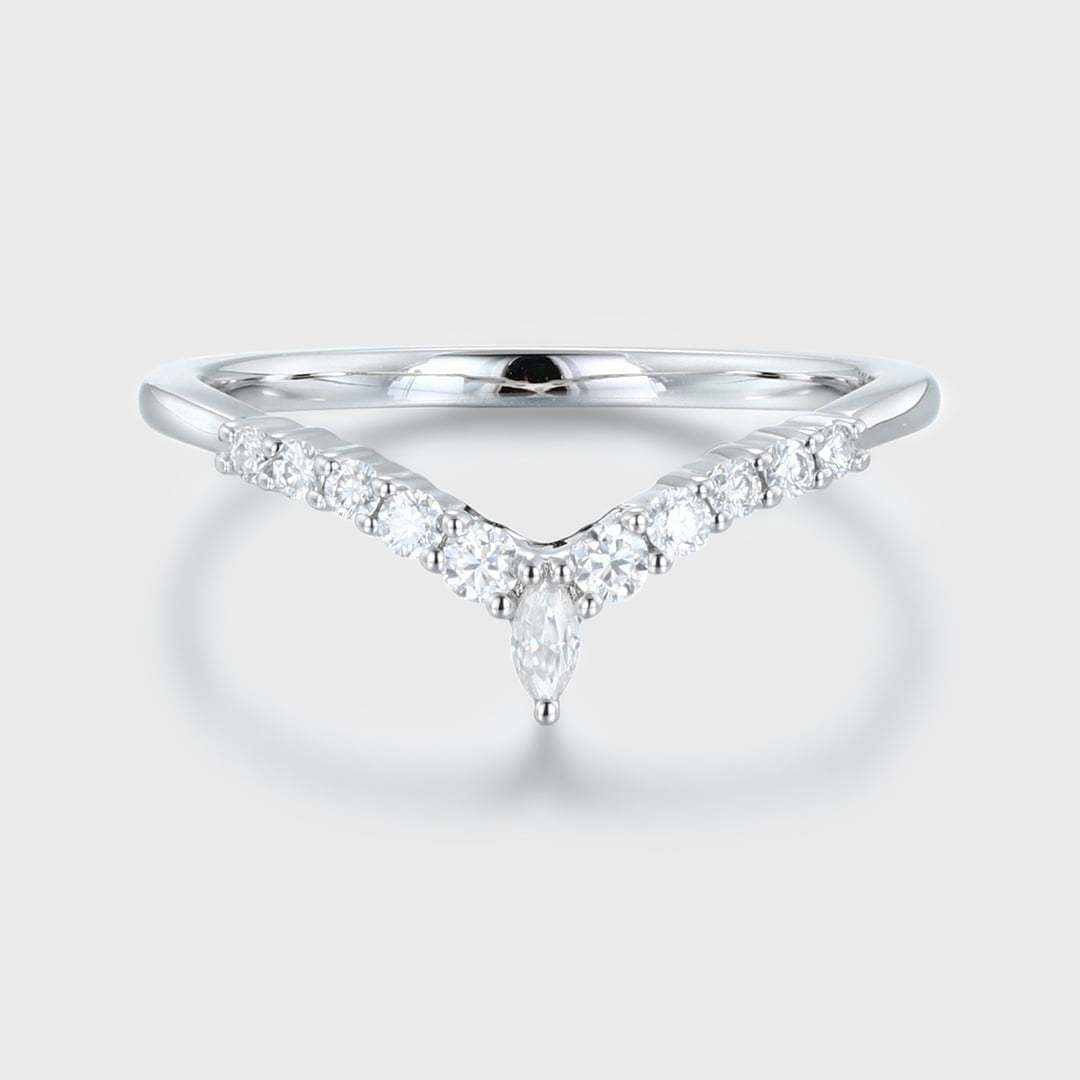 Marquise shaped Curved wedding ring Diamond wedding band Unique White gold Moissanite wedding band matching band Bridal promise Anniversary gift