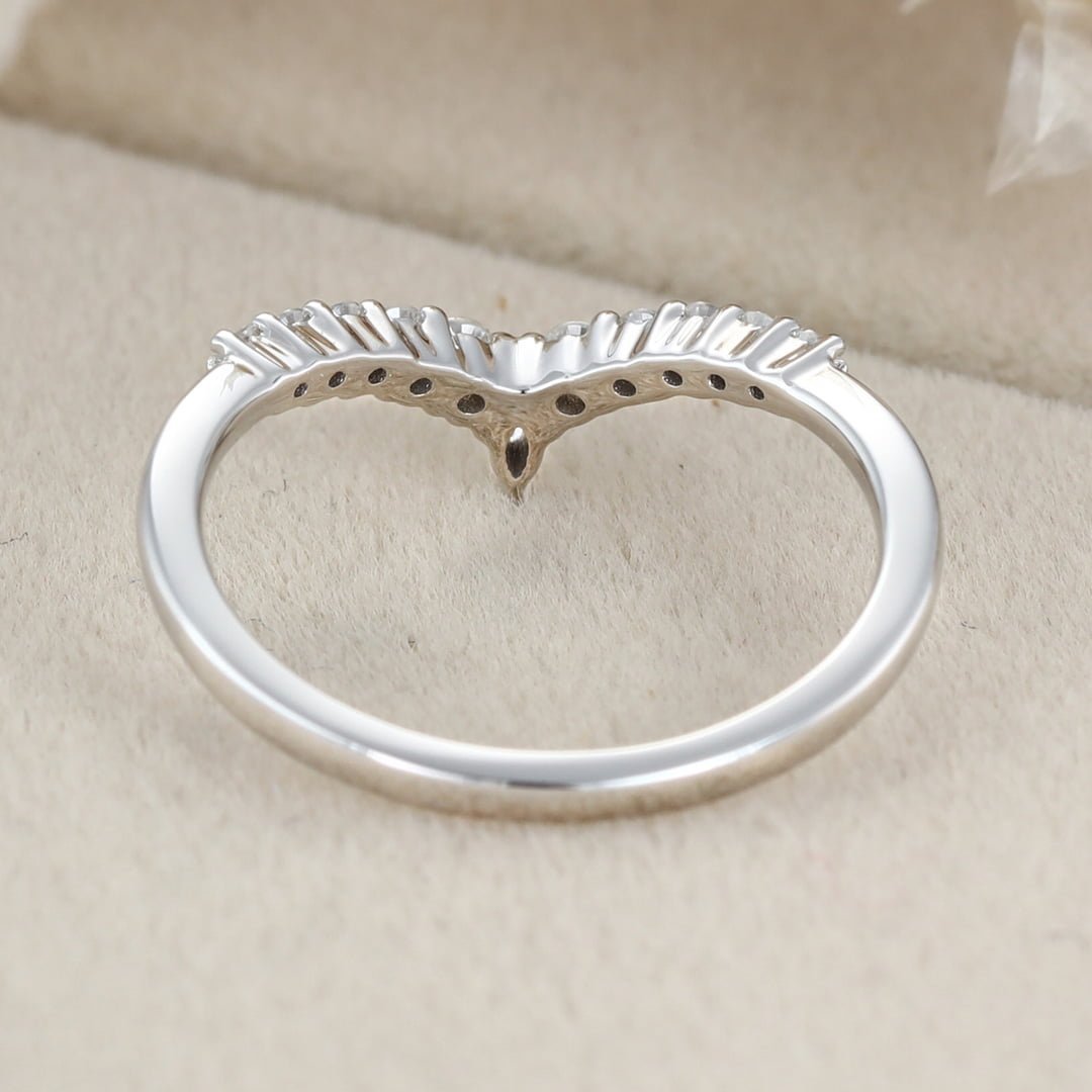 Marquise shaped Curved wedding ring Diamond wedding band Unique White gold Moissanite wedding band matching band Bridal promise Anniversary gift