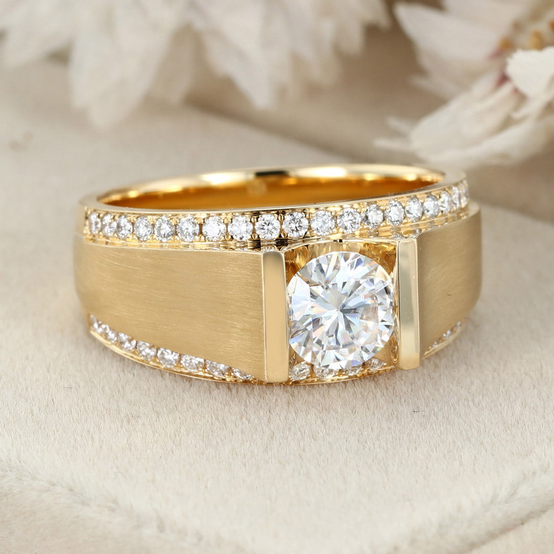 Men's Moissanite Wedding Band Statement Ring – 14K Yellow Gold