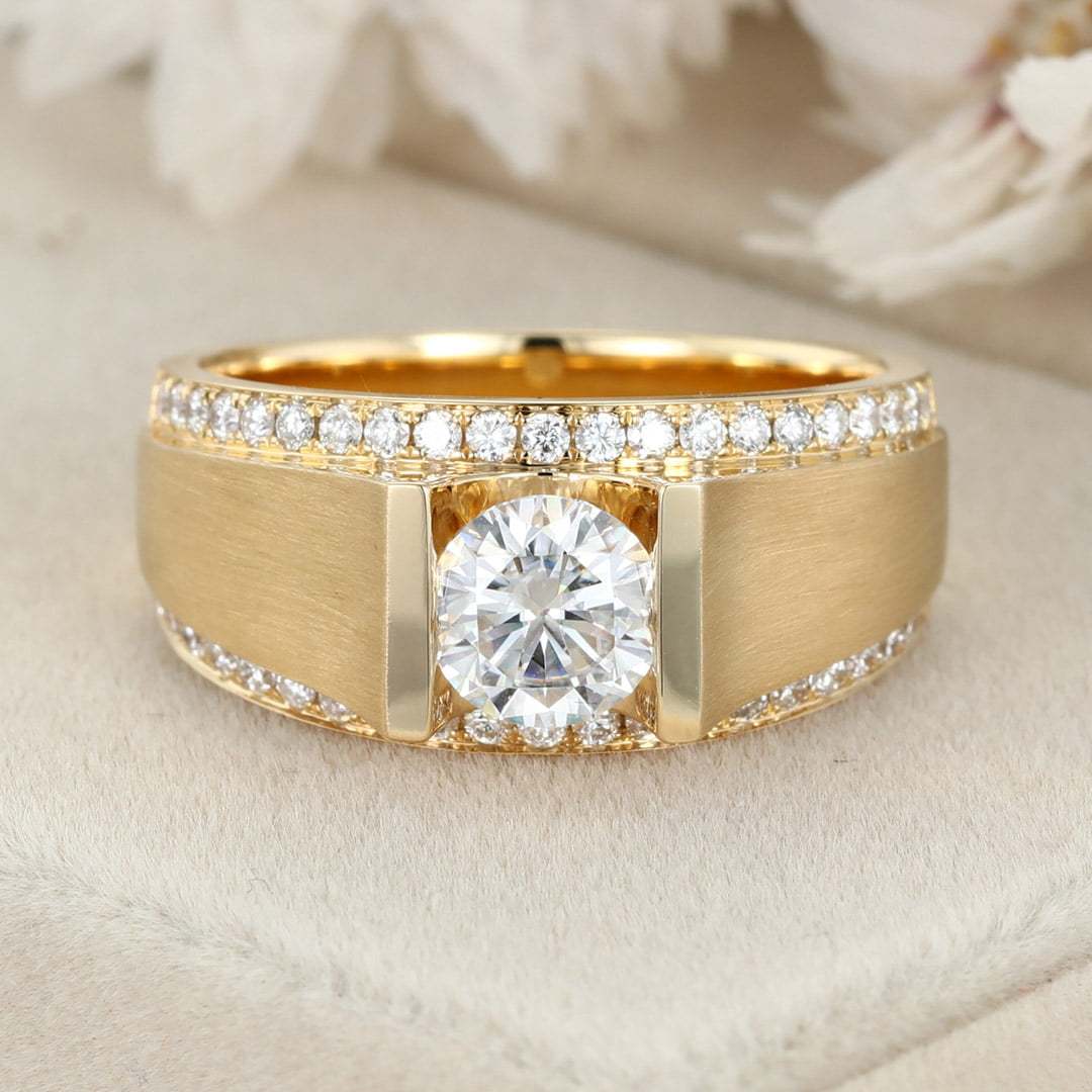 Mens Gold Ring Minimalist ring Mens Wedding Band Mens Moissanite Engagement ring Mens statement ring 14K Yellow Gold Diamond Ring