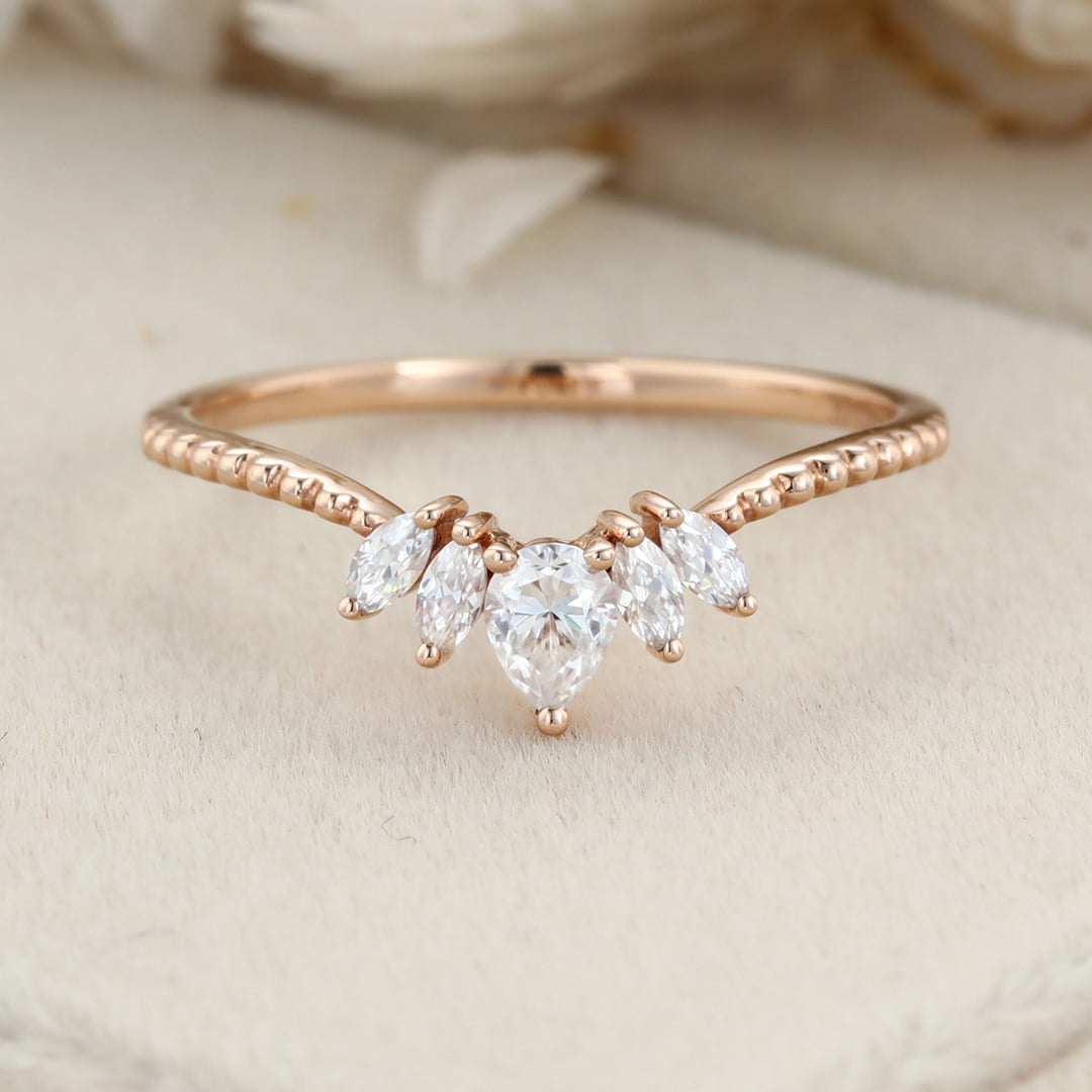Moissanite Curved wedding band Pear shaped Rose gold Diamond wedding band bridal ring marquise stacking ring bridal promise Anniversary gift