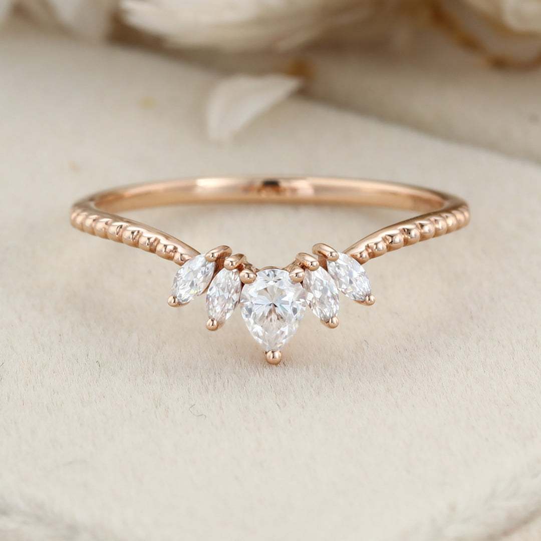 Moissanite Curved wedding band Pear shaped Rose gold Diamond wedding band bridal ring marquise stacking ring bridal promise Anniversary gift