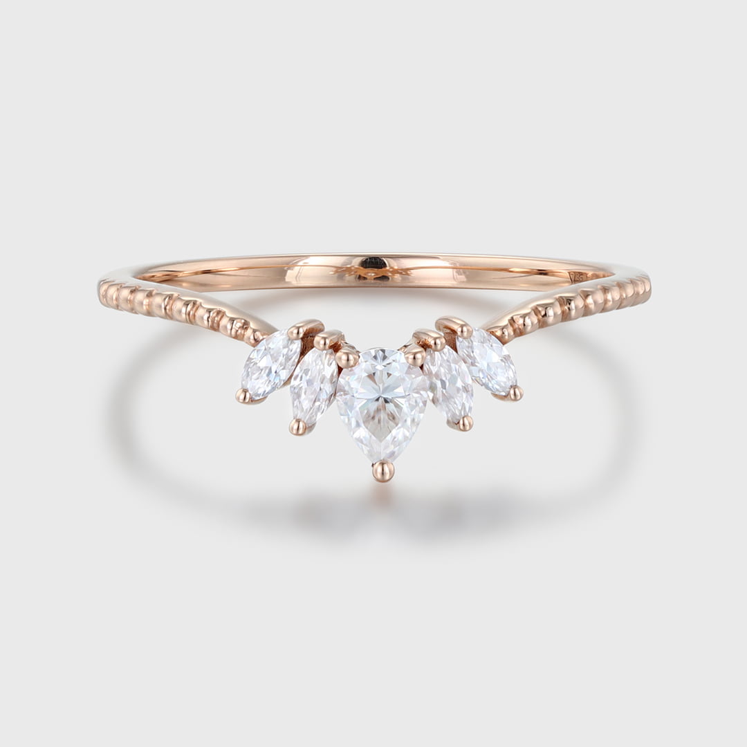 Pear Shaped Moissanite Curved Wedding Band Rose Gold Stacking Bridal Promise Ring