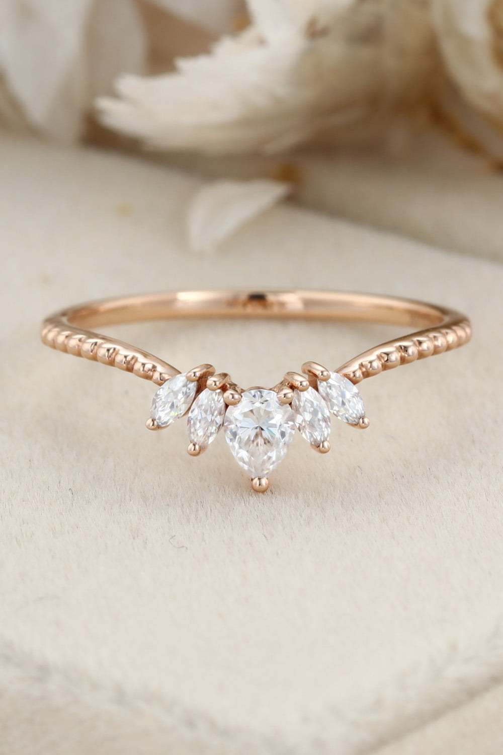 Moissanite Curved wedding band Pear shaped Rose gold Diamond wedding band bridal ring marquise stacking ring bridal promise Anniversary gift